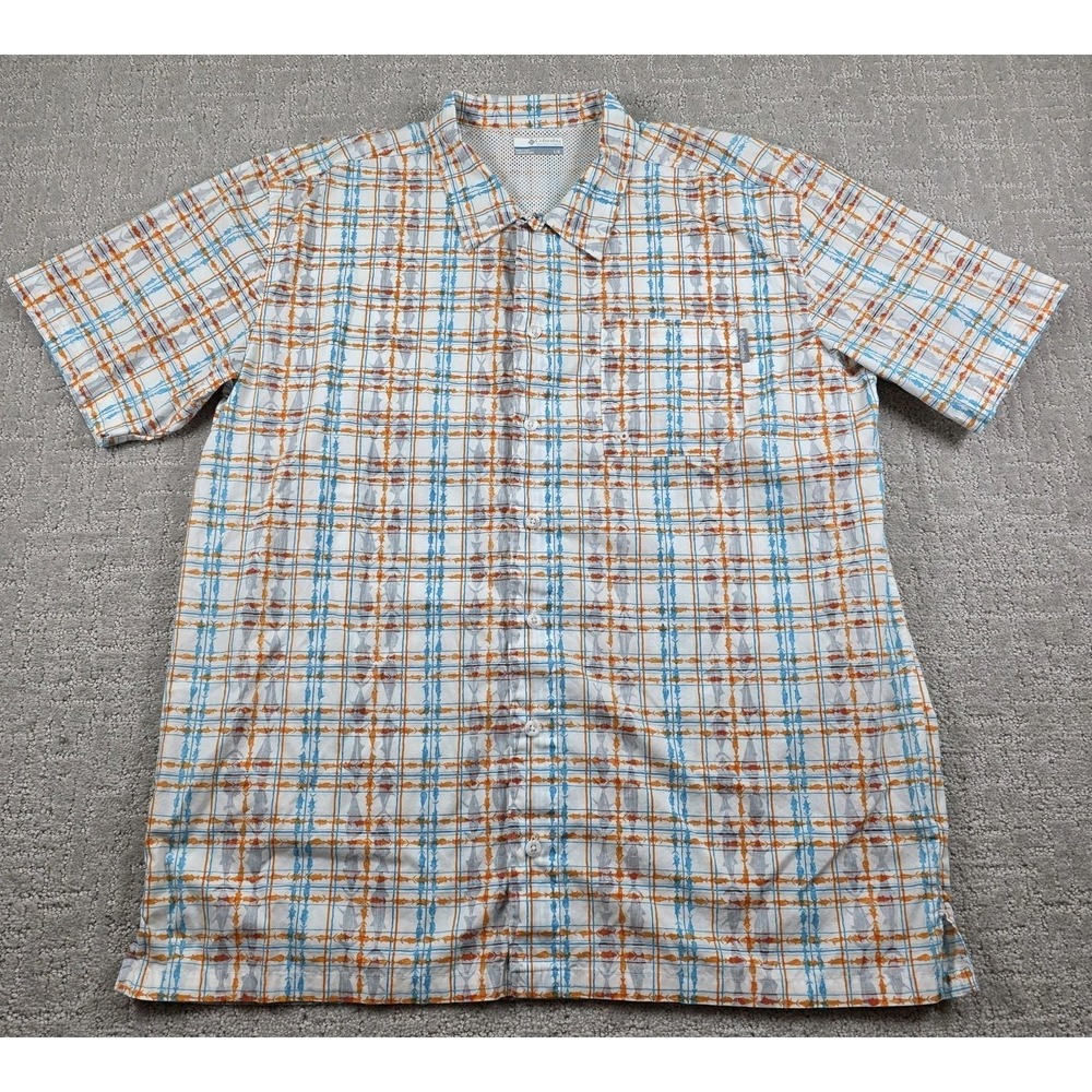 Columbia PFG Mens Large Plaid Fish Print Short Sleeve Fishing Shirt White Orange